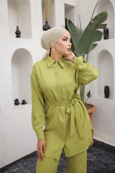 Gömlek Yaka Kuşak Detaylı İkili Takım - (38-46) - 71199 - Yeşil - Resim 2