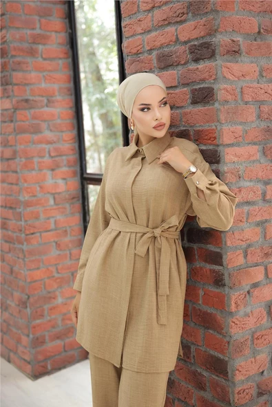 Gömlek Yaka Kuşak Detaylı İkili Takım - 71199.016 - Vizon - 3