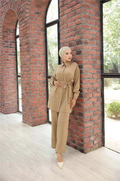 Gömlek Yaka Kuşak Detaylı İkili Takım - 71199.016 - Vizon - 4