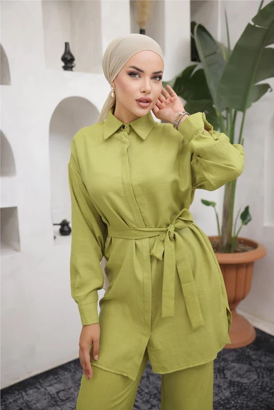 Gömlek Yaka Kuşak Detaylı İkili Takım - (38-46) - 71199 - Yeşil - Resim 3