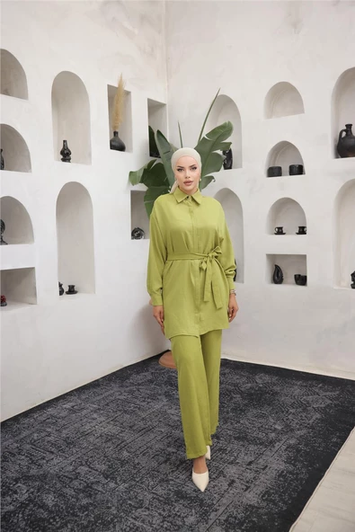 Gömlek Yaka Kuşak Detaylı İkili Takım - (38-46) - 71199 - Yeşil - Resim 5