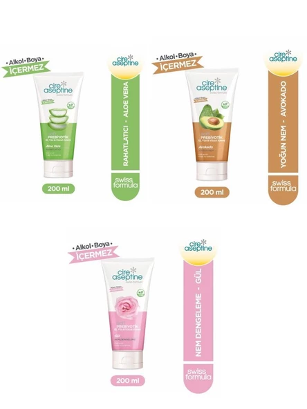 Cire Aseptine Soft Prebiyotik Karma Set Aloevera,Avakado,Gül El,Yüz ve Vücut Kremi 200 Ml