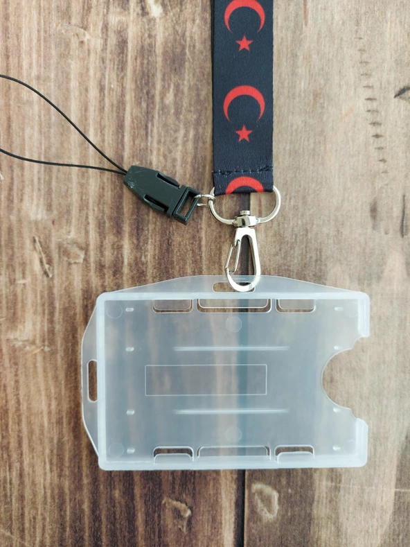 Siyah Zemin Ay Yıldız Kart Askısı Yaka Kartı Boyun Askı İpi Telefon Askısı - 3
