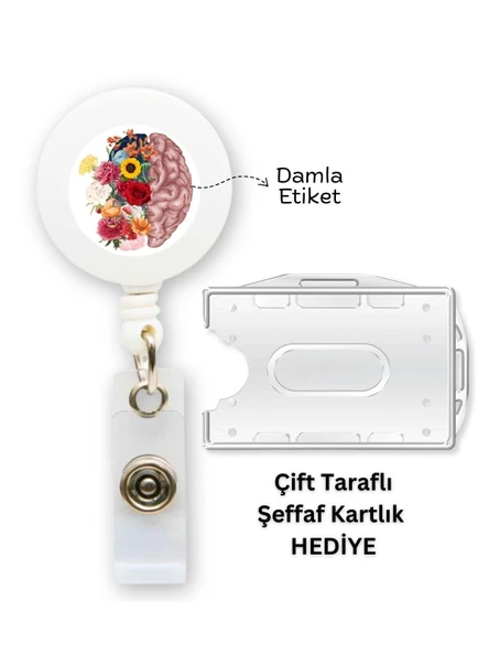 Beyin ve Çiçekler Damla Etiket Yoyo Yaka Kartlığı Yatay Dikey Kart Koruyucu