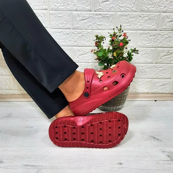 Sonimix 12901 Bordo Taşlı Kalın Tabanlı Bayan  Terlik - Resim 2