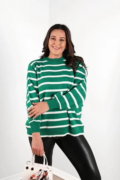 Kadın Çizgili Balon Kol Bisiklet Yaka Triko 4306-24-002 - 12