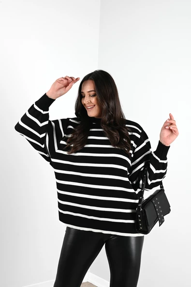 Kadın Çizgili Balon Kol Bisiklet Yaka Triko 4306-24-002 - 8