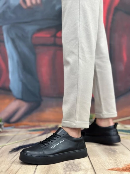 BA104  Yüksek Siyah Cilt Siyah Taban Bağcıklı Erkek Ayakkabı - Resim 2