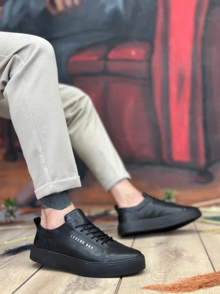 BA104  Yüksek Siyah Cilt Siyah Taban Bağcıklı Erkek Ayakkabı ürün görseli