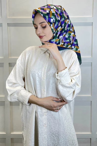Shecarf Quare Rayon Eşarp - Desenli Avangard Eşarp - Dijital Baskı - Kadın Tesettür 01102  ZÜMRÜT - Resim 2