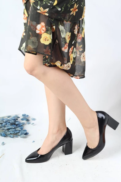 Siyah Rugan Kalın Topuk Stiletto Kadın Ayakkabı - Erkly - 3