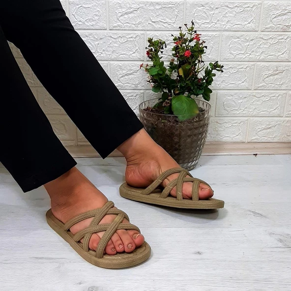 Brn 302 Camel Ahtapot Hasırlı Kaymaz Havuz Plaj Bayan Terliği - 3
