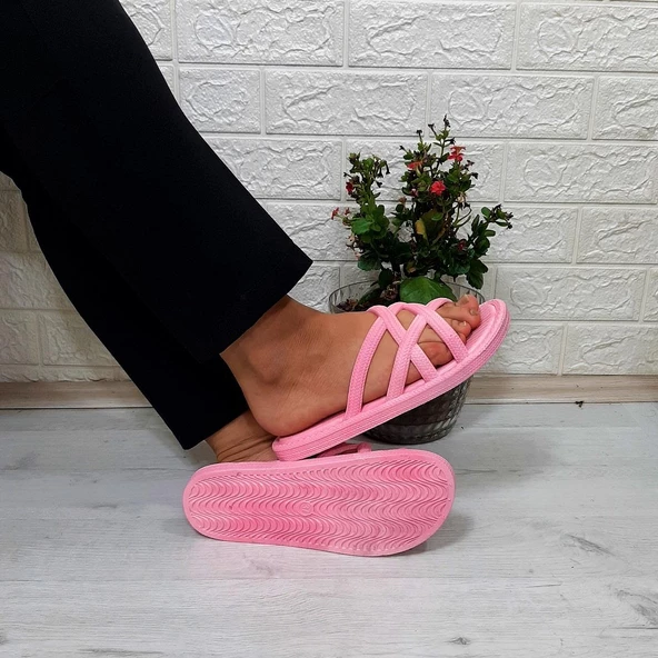 Brn 302 Pembe Ahtapot Hasırlı Kaymaz Havuz Plaj Bayan Terliği - Resim 2