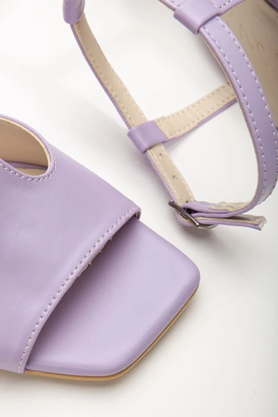 Entela Topuklu Lila Cilt Küt Burunlu Kadın Ayakkabı - Resim 3