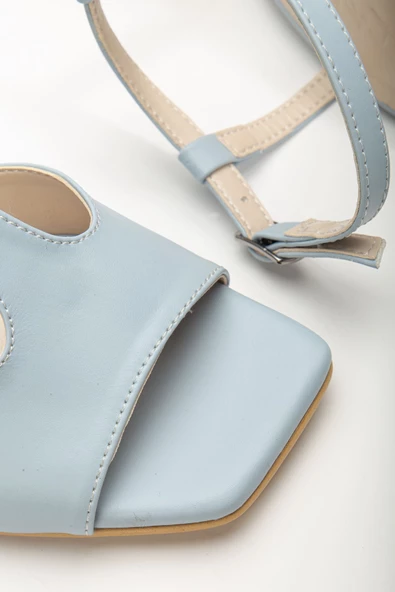 Entela Topuklu Bebe Mavisi Cilt Küt Burunlu Kadın Ayakkabı - Resim 3