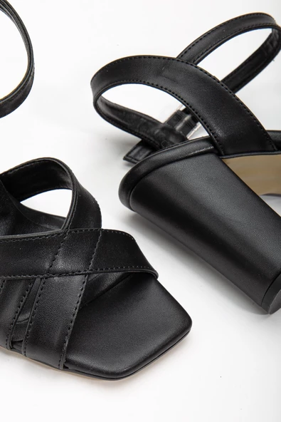 Hope Yüksek Topuklu Siyah Cilt Küt Burun Kadın Ayakkabı - Resim 3