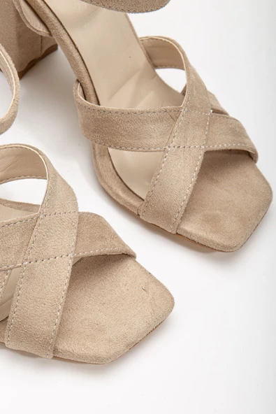 Hope Yüksek Topuklu Krem Süet Küt Burun Kadın Ayakkabı - Resim 3