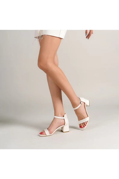 Miuccia Bilekten Kemerli Beyaz Sedef Kadın Topuklu Ayakkabı - Resim 3