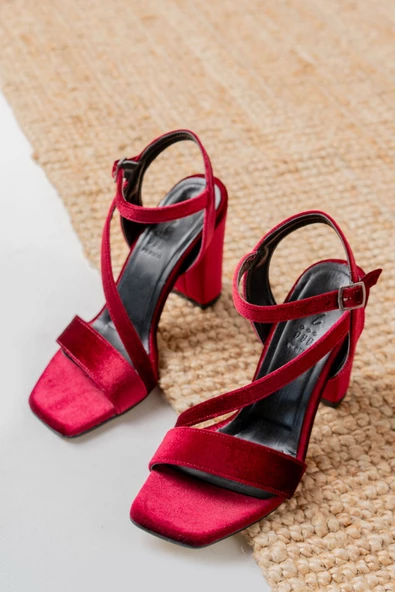 Rashin Bordo Kadife Yüksek Topuklu Kadın Ayakkabı - 3