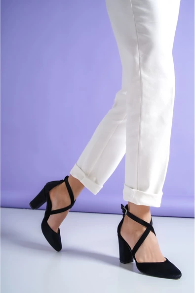 Evan Siyah Kadife Topuklu Kadın Ayakkabı - 5