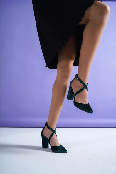 Evan Haki Kadife Topuklu Kadın Ayakkabı - Resim 2