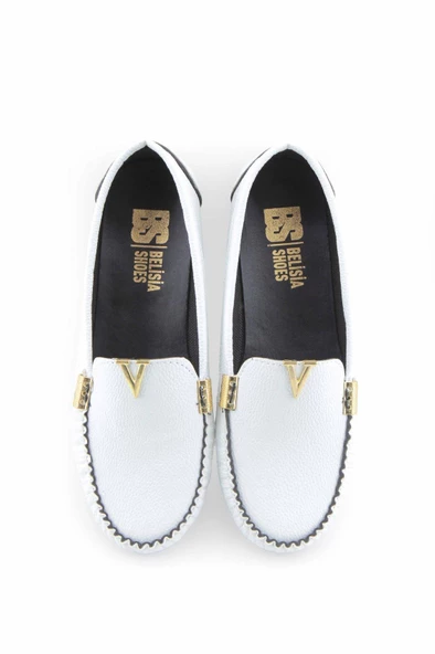 Beyaz V aksesuarlı rok kadın loafer ayakakbı - Resim 6