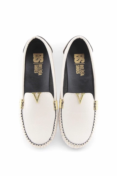 Bej V aksesuarlı rok kadın loafer ayakakbı - Resim 7