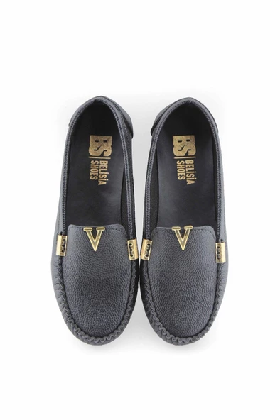 Siyah V aksesuarlı rok kadın loafer ayakakbı - Resim 7