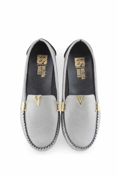 Gri V aksesuarlı rok kadın loafer ayakakbı - Resim 6