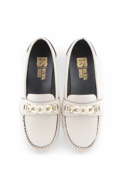 Bej zincir aksesuarlı rok kadın loafer ayakakbı - Resim 6