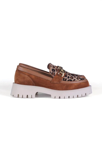 Taba Süet Leopar Detaylı Comfort Loafer Ayakkabı