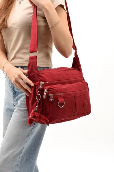 Çapraz Askılı Ultra Hafif Çok Cepli Bayan Omuz Çantası Kırmızı (Model: 571-6D)