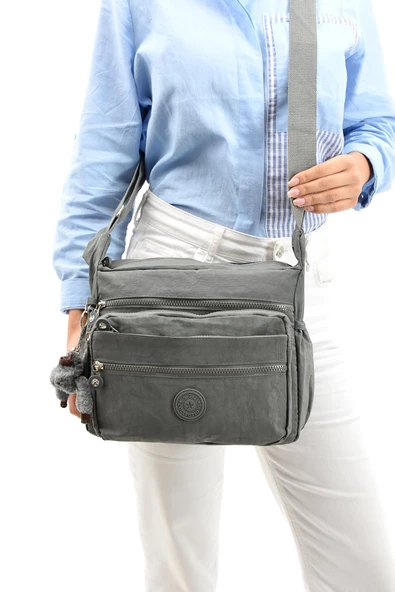 Çapraz Askılı Ultra Hafif Çok Cepli Bayan Omuz Çantası Gri (Model: 571-6A) - 2
