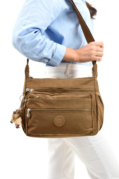 Çapraz Askılı Ultra Hafif Çok Cepli Bayan Omuz Çantası Taba (Model: 571-6A)