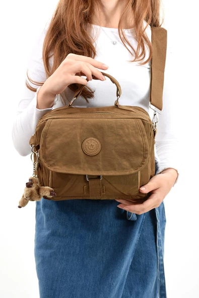 Çapraz Askılı Ultra Hafif Çok Cepli Bayan Omuz Çantası Taba (Model: 571-6P) - 2