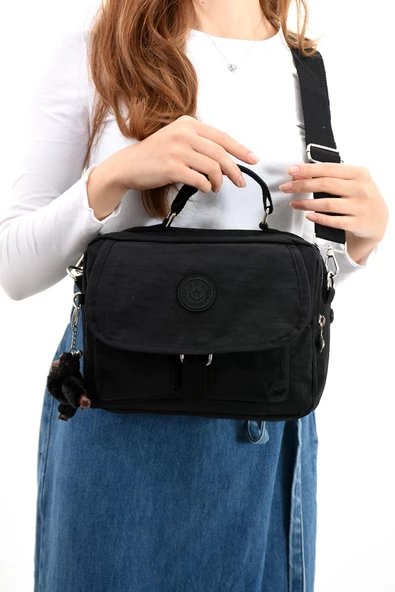Çapraz Askılı Ultra Hafif Çok Cepli Bayan Omuz Çantası Siyah (Model: 571-6P)