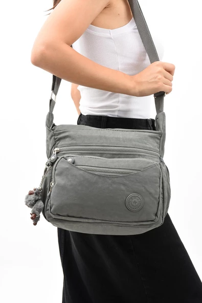 Çapraz Askılı Ultra Hafif Çok Cepli Kadın Omuz Çantası Gri (Model: 571-6E)