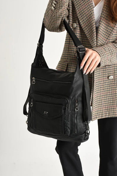 571 collections Yıkanmış Deri Hem Sırt Hem Omuz Çantası  Siyah (Model: 571-9-10A) - 1