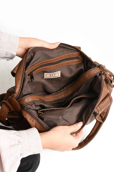 571 collections Suni Deri Çapraz Askılı Çok Bölmeli Omuz Çantası Taba (Model: 571-11-10F) - Resim 4