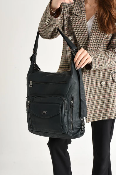 571 collections Yıkanmış Deri Hem Sırt Hem Omuz Çantası Mavi (Model: 571-9-10A) - 1