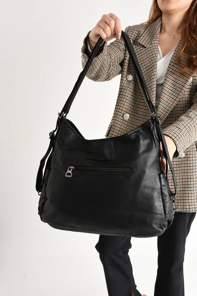 571 collections Yıkanmış Deri Hem Sırt Hem Omuz Çantası Siyah (Model: 571-9-10D) - Resim 3