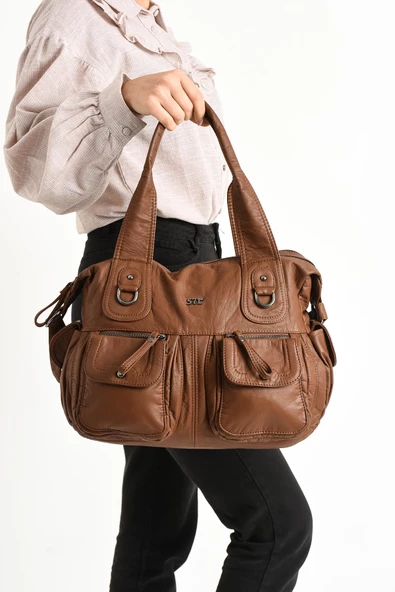 571 collections Suni Deri Çapraz Askılı Çok Bölmeli Omuz Çantası Taba (Model: 571-11-10F) - Resim 2