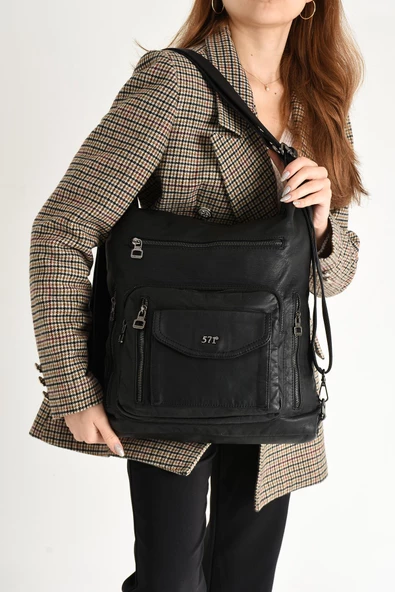 571 collections Yıkanmış Deri Hem Sırt Hem Omuz Çantası  Siyah (Model: 571-9-10A) - 2