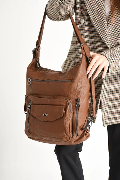 Yıkanmış Deri Hem Sırt Hem Omuz Çantası Taba (Model: 571-9-10A)
