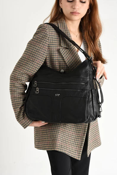 571 collections Yıkanmış Deri Hem Sırt Hem Omuz Çantası Siyah (Model: 571-9-10D) - Resim 2