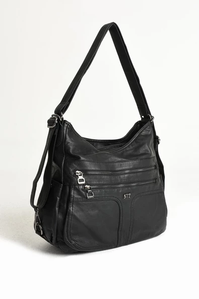 571 collections Yıkanmış Deri Hem Sırt Hem Omuz Çantası Siyah (Model: 571-9-10D) - Resim 5