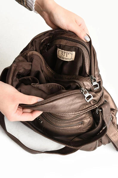 571 collections Yıkanmış Deri Hem Sırt Hem Omuz Çantası Bronz (Model: 571-9-10D) - Resim 4