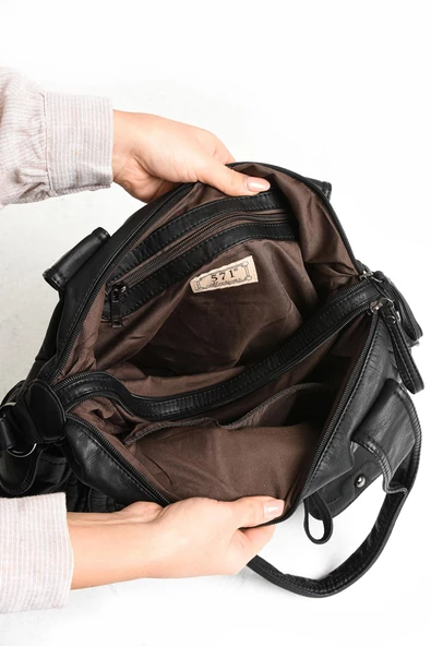 571 collections Suni Deri Çapraz Askılı Çok Bölmeli Omuz Çantası Siyah (Model: 571-11-10F) - Resim 4