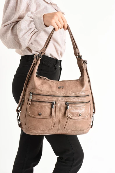 571 collections Suni Deri Yumuşak Dokumalı Sırt Omuz Çantası Vizon (Model: 571-11-13A) - Resim 2