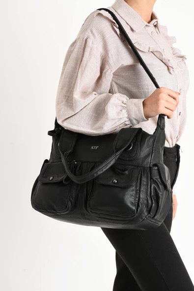 571 collections Suni Deri Çapraz Askılı Çok Bölmeli Omuz Çantası Siyah (Model: 571-11-10F) ürün görseli 1